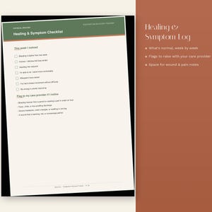 Op de afbeelding: Een pagina voor het bijhouden van postpartum herstel met een groene koptekst getiteld Healing & Symptom Checklist. Het bevat een checklist voor fysiek herstel en een sectie voor symptomen om aan een zorgverlener te melden.