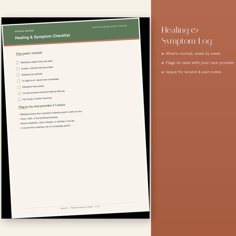 Op de afbeelding: Een pagina voor het bijhouden van postpartum herstel met een groene koptekst getiteld Healing & Symptom Checklist. Het bevat een checklist voor fysiek herstel en een sectie voor symptomen om aan een zorgverlener te melden.