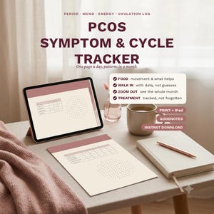 May include: A PCOS symptom and cycle tracker digital planner displayed on a tablet and a printed sheet. The layout features a table for daily tracking, a dot grid, and text including "PERIOD MOOD ENERGY OVULATION LOG" and "FOOD movement & what helps."