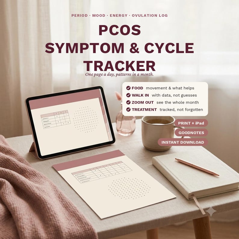 May include: A PCOS symptom and cycle tracker digital planner displayed on a tablet and a printed sheet. The layout features a table for daily tracking, a dot grid, and text including "PERIOD MOOD ENERGY OVULATION LOG" and "FOOD movement & what helps."
