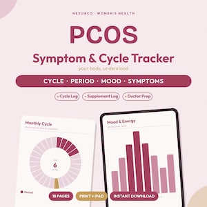 May include: A PCOS Symptom & Cycle Tracker digital planner featuring a monthly cycle circular chart and a mood and energy bar graph. The design uses a maroon and light pink color palette with text including Cycle, Period, Mood, Symptoms, Cycle Log, Supplement Log, Doctor Prep, 18 Pages, Print + iPad, and Instant Download.