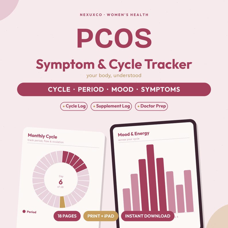 May include: A PCOS Symptom & Cycle Tracker digital planner featuring a monthly cycle circular chart and a mood and energy bar graph. The design uses a maroon and light pink color palette with text including Cycle, Period, Mood, Symptoms, Cycle Log, Supplement Log, Doctor Prep, 18 Pages, Print + iPad, and Instant Download.
