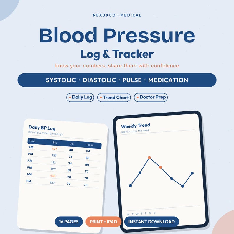May include: A digital Blood Pressure Log & Tracker by NEXUXCO MEDICAL featuring a daily log table for systolic, diastolic, and pulse readings, a weekly trend line chart, and sections for medication, daily logs, and doctor prep in a 16-page format.