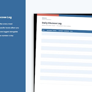 Puede incluir: Una hoja de registro diario de glucosa con el encabezado Daily Glucose Log y una tabla con columnas para Time, Before/After Reading, Carbs (g), Insulin/meal y Notes. La p&aacute;gina incluye un acento de borde superior azul y rojo.