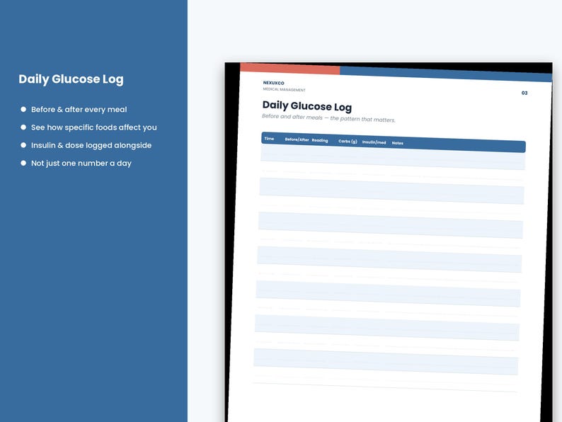 Puede incluir: Una hoja de registro diario de glucosa con el encabezado Daily Glucose Log y una tabla con columnas para Time, Before/After Reading, Carbs (g), Insulin/meal y Notes. La p&aacute;gina incluye un acento de borde superior azul y rojo.