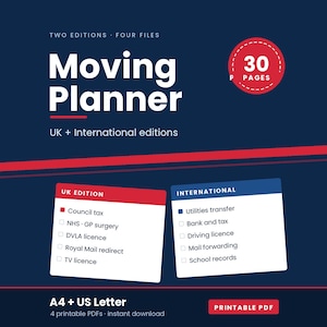 Pu&ograve; includere: Un documento digitale Moving Planner di 30 pagine, con due edizioni nei formati A4 e US Letter. Lo sfondo blu scuro presenta testo bianco che include Moving Planner, UK + International editions e due liste di controllo per le attivit&agrave;.