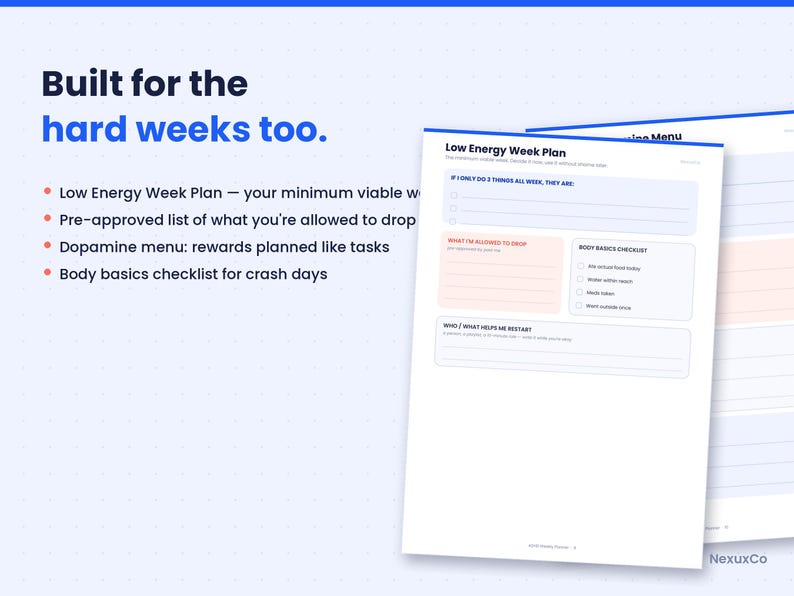 May include: A digital planner page titled Low Energy Week Plan with sections for tasks, items to drop, a body basics checklist, and a restart support list. The text Built for the hard weeks too appears on the left with a bulleted list of features.