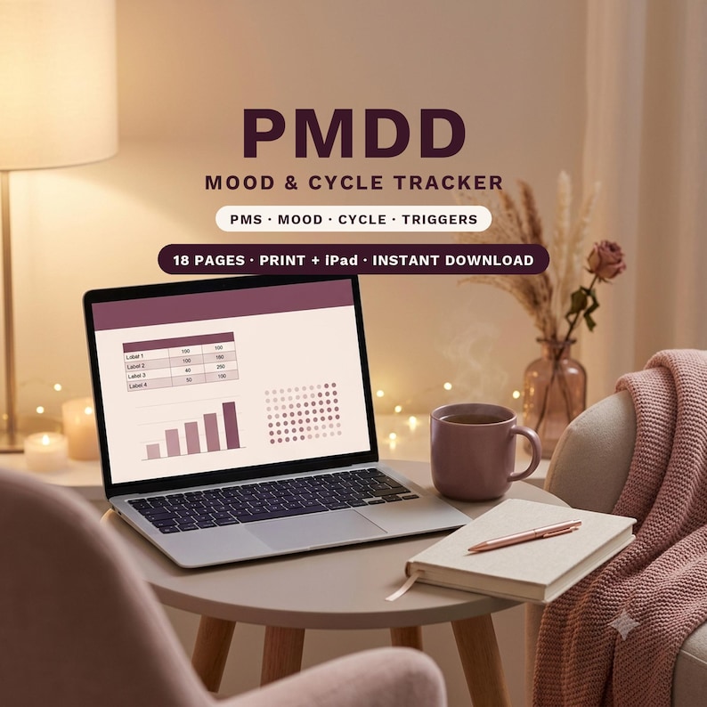 K&ouml;nnte beinhalten: Ein digitaler PMDD-Stimmungs- und Zyklus-Tracker auf einem Laptop-Bildschirm mit Diagrammen und Datentabellen. Der Text lautet PMDD MOOD & CYCLE TRACKER, PMS MOOD CYCLE TRIGGERS und 18 PAGES PRINT + IPAD INSTANT DOWNLOAD. Tasse und Notizbuch liegen daneben.