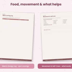 May include: Two white planner pages with dark red text and accents. The left page is titled Meal & energy log with a table for tracking food and energy. The right page is titled Movement & self-care with checkboxes for wellness activities.