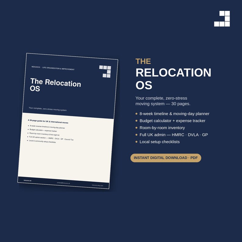 Pu&ograve; includere: Un documento digitale blu scuro intitolato The Relocation OS, una guida di 30 pagine per traslochi nel Regno Unito e internazionali. Include una cronologia di 8 settimane, un pianificatore di traslochi, un calcolatore di budget e liste.