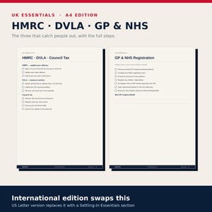 Puede incluir: Un documento A4 de dos p&aacute;ginas titulado UK Essentials que presenta listas de verificaci&oacute;n para HMRC, DVLA, Council Tax y registro de GP y NHS. El texto incluye instrucciones para actualizar direcciones, detalles de veh&iacute;culos y pasos de registro m&eacute;dico.
