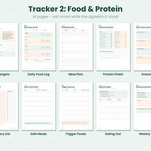 以下が含まれることがあります： My Targets、Daily Food Journal、Weekly Meal Plan、Protein Cheat Sheet、High-Protein Snack Bank、Gentle Grocery List、Meals That Sit Well、Trigger Foods Log、Eating Out Notes、Weekly Food Reviewというタイトルのセクションを含む、14ページのデジタル食品およびタンパク質トラッカーセット。