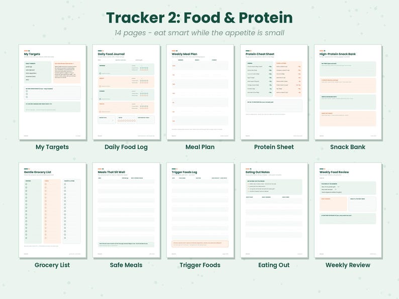 以下が含まれることがあります： My Targets、Daily Food Journal、Weekly Meal Plan、Protein Cheat Sheet、High-Protein Snack Bank、Gentle Grocery List、Meals That Sit Well、Trigger Foods Log、Eating Out Notes、Weekly Food Reviewというタイトルのセクションを含む、14ページのデジタル食品およびタンパク質トラッカーセット。