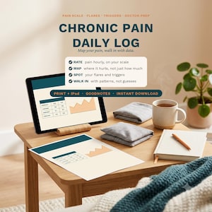 Pode incluir: Um di&aacute;rio digital de dor cr&ocirc;nica em um tablet e papel impresso. O texto diz CHRONIC PAIN DAILY LOG, Map your pain, walk in with data, e lista recursos como RATE, MAP, SPOT e WALK IN. Inclui uma caneca e um caderno de anota&ccedil;&otilde;es.