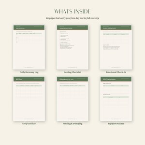 Op de afbeelding: Een verzameling van zes plannerpagina's met saliegroene koppen en cr&egrave;mekleurige achtergronden. De tekst luidt WHAT'S INSIDE, 26 pages that carry you from day one to full recovery, Daily Recovery Log, Healing Checklist, Emotional Check-In, Sleep Tracker, Feeding & Pumping en Support Planner.