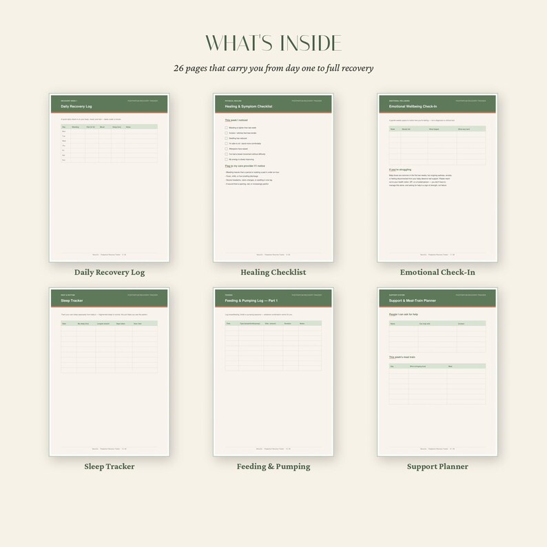 Op de afbeelding: Een verzameling van zes plannerpagina's met saliegroene koppen en cr&egrave;mekleurige achtergronden. De tekst luidt WHAT'S INSIDE, 26 pages that carry you from day one to full recovery, Daily Recovery Log, Healing Checklist, Emotional Check-In, Sleep Tracker, Feeding & Pumping en Support Planner.