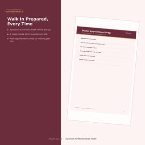 K&ouml;nnte beinhalten: Eine kastanienbraune und wei&szlig;e Seite mit dem Titel Doctor Appointment Prep und Feldern f&uuml;r Datum, Symptome, Medikamente, Laborergebnisse, Energielevel und Ver&auml;nderungen. Der Text links beschreibt die Vorbereitung auf Arzttermine.