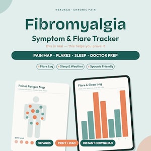 May include: A digital Fibromyalgia Symptom & Flare Tracker with a light green background. It features a pain map with colored dots, a bar chart for sleep and weather logs, and text including Pain & Fatigue Map, Flare & Sleep Log, and 18 Pages.