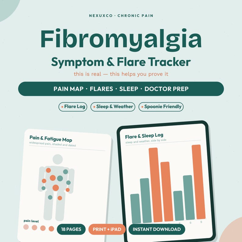 May include: A digital Fibromyalgia Symptom & Flare Tracker with a light green background. It features a pain map with colored dots, a bar chart for sleep and weather logs, and text including Pain & Fatigue Map, Flare & Sleep Log, and 18 Pages.