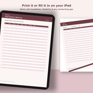 Op de afbeelding: Een digitale tablet met een sjabloon voor een dagelijks symptoom- en stemmingslogboek met een kastanjebruine koptekst en lichtroze rijen. Daarnaast een geprinte versie van een BBT-grafiek met een kastanjebruine koptekst en een donker potlood.