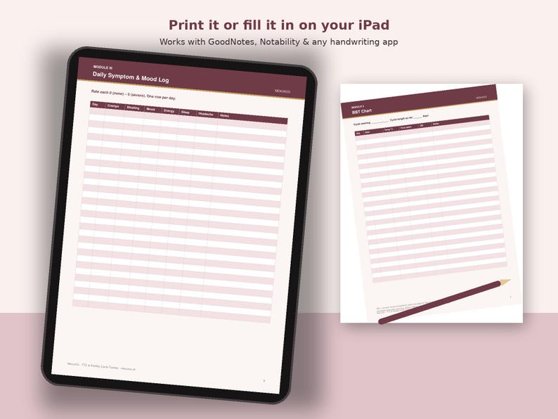 Op de afbeelding: Een digitale tablet met een sjabloon voor een dagelijks symptoom- en stemmingslogboek met een kastanjebruine koptekst en lichtroze rijen. Daarnaast een geprinte versie van een BBT-grafiek met een kastanjebruine koptekst en een donker potlood.
