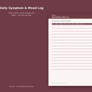 Op de afbeelding: Een Daily Symptom & Mood Log tracker-pagina met een donker kastanjebruine achtergrond. Het document bevat een tabel met kolommen voor Day, Cramps, Bloating, Mood, Energy, Sleep, Headache en Notes, ontworpen om symptomen te beoordelen van 0 tot 5.