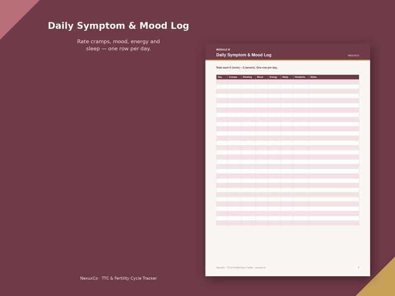 Op de afbeelding: Een Daily Symptom & Mood Log tracker-pagina met een donker kastanjebruine achtergrond. Het document bevat een tabel met kolommen voor Day, Cramps, Bloating, Mood, Energy, Sleep, Headache en Notes, ontworpen om symptomen te beoordelen van 0 tot 5.