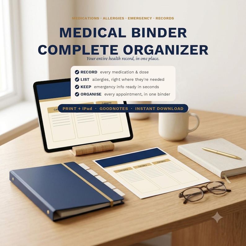 Puede incluir: Un organizador m&eacute;dico completo que incluye una carpeta azul oscuro, una tableta con formularios de salud digitales y p&aacute;ginas impresas. El texto incluye MEDICAL BINDER COMPLETE ORGANIZER, RECORD, LIST, KEEP, ORGANISE.