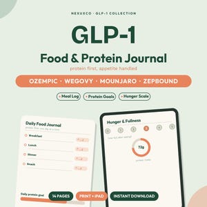 May include: A digital GLP-1 Food & Protein Journal with a light green background. The text reads NEXUXCO GLP-1 COLLECTION, GLP-1 Food & Protein Journal, protein first, appetite handled, OZEMPIC, WEGOVY, MOUNJARO, ZEPBOUND, Meal Log, Protein Goals, Hunger Scale.