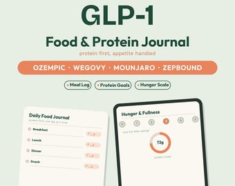 GLP-1 Food & Protein Journal | Ozempic Wegovy Mounjaro Zepbound Meal Tracker | Semaglutide Hunger Log + Protein Cheat Sheet Printable