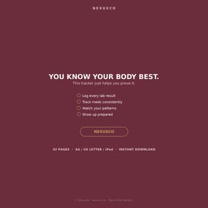 K&ouml;nnte beinhalten: Ein dunkelrotes digitales Gesundheits-Tracker-Dokument mit wei&szlig;em Text: YOU KNOW YOUR BODY BEST. This tracker just helps you prove it. Funktionen umfassen log every lab result, track meds consistently, watch your patterns, show up prepared. Enth&auml;lt 32 Seiten, A4, US Letter, iPad, Sofort-Download.