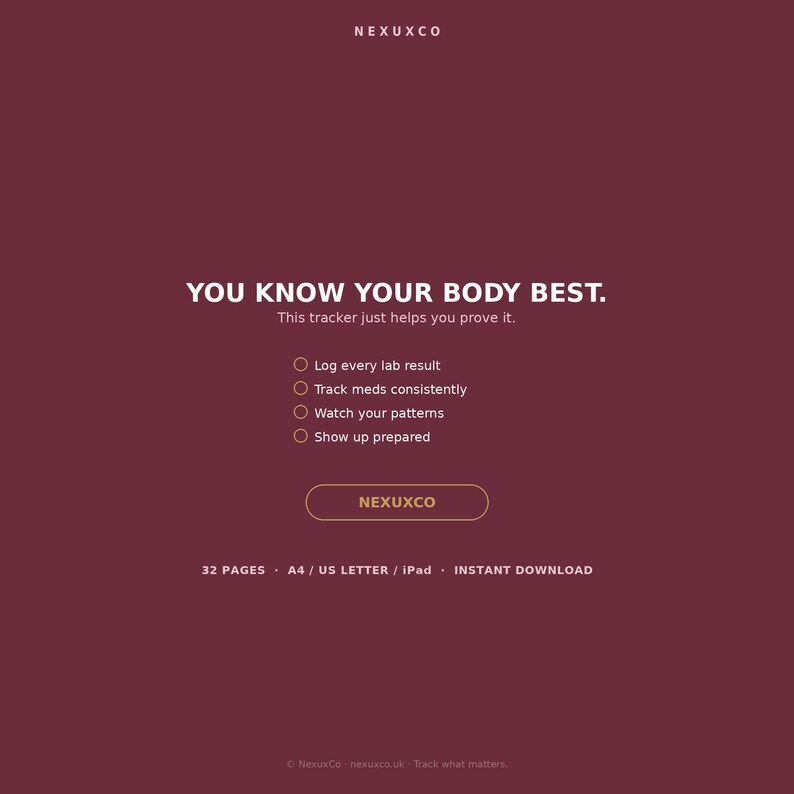 K&ouml;nnte beinhalten: Ein dunkelrotes digitales Gesundheits-Tracker-Dokument mit wei&szlig;em Text: YOU KNOW YOUR BODY BEST. This tracker just helps you prove it. Funktionen umfassen log every lab result, track meds consistently, watch your patterns, show up prepared. Enth&auml;lt 32 Seiten, A4, US Letter, iPad, Sofort-Download.