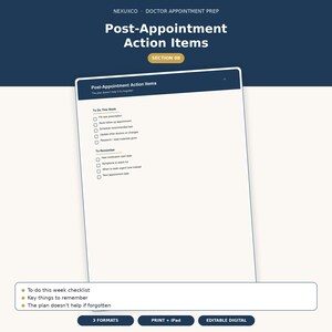以下が含まれることがあります： ダークブルーのヘッダーが付いた「Post-Appointment Action Items」というタイトルのデジタルプランナーページ。今週のタスクリスト5項目と、覚えておくべきこと4項目が記載されており、医療情報の管理に適したクリーンなレイアウトで構成されています。