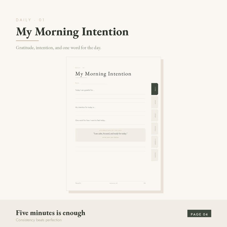 Peut inclure: Une page de planificateur intitul&eacute;e My Morning Intention avec des sections pour la gratitude, l'intention et un mot quotidien. La mise en page comprend une ligne de date, des espaces d'&eacute;criture lign&eacute;s et une bo&icirc;te avec l'affirmation I am calm, focused, and ready for today.