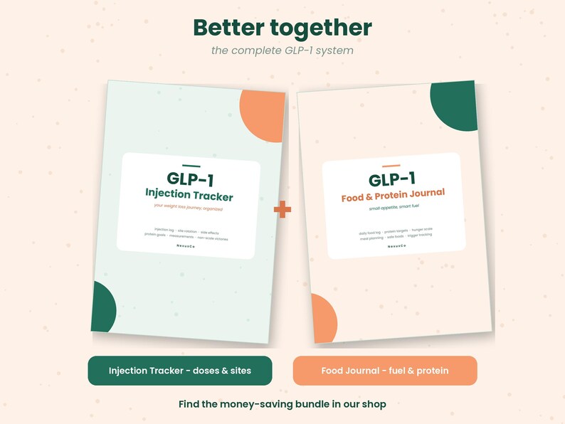 May include: Two printed booklets titled GLP-1 Injection Tracker and GLP-1 Food & Protein Journal. The covers feature light green and beige backgrounds with orange and dark green circular accents. Text includes Better together and NavuCo.
