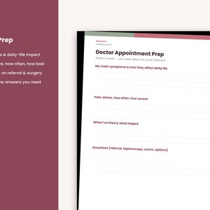 May include: A white page from a planner titled Doctor Appointment Prep with sections for symptoms, pain tracking, treatments tried, and questions. The left side features a maroon sidebar with the heading Doctor Prep and a bulleted list of topics.