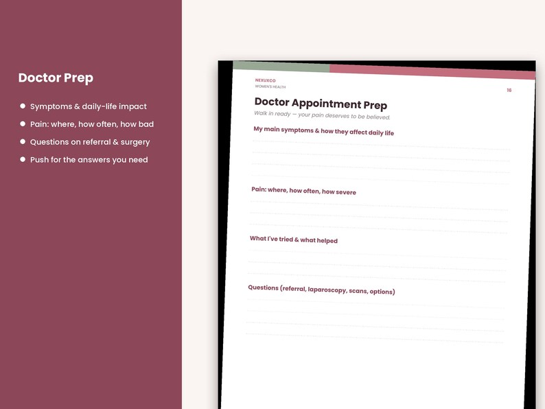 May include: A white page from a planner titled Doctor Appointment Prep with sections for symptoms, pain tracking, treatments tried, and questions. The left side features a maroon sidebar with the heading Doctor Prep and a bulleted list of topics.
