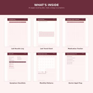 K&ouml;nnte beinhalten: Ein 32-seitiger Gesundheitsplaner mit Abschnitten namens WHAT'S INSIDE, Lab Results Log, Lab Trend Chart, Medication Tracker, Hair & Skin, Monthly Pattern Finder und Doctor Appointment Prep in einem kastanienbraunen und hellrosa Farbschema.