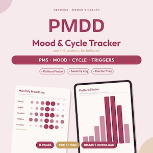 May include: A digital PMDD Mood & Cycle Tracker with a light pink background. The text reads NEXUXCO WOMEN'S HEALTH, PMDD Mood & Cycle Tracker, see the pattern, be believed, PMS, MOOD, CYCLE, TRIGGERS, Pattern Finder, Severity Log, Doctor Prep, 18 PAGES, PRINT + IPAD, INSTANT DOWNLOAD. It displays a Monthly Mood Log and a Pattern Finder bar chart.