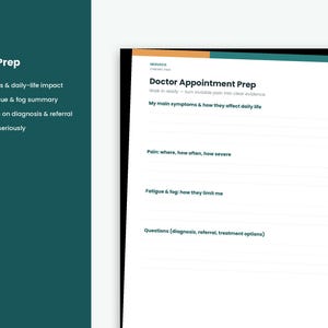 May include: A white page from a Doctor Appointment Prep planner with dark teal and orange accents. The text includes headings for symptoms, pain, fatigue, and questions, with lined spaces for writing. The left side shows a summary list of topics.