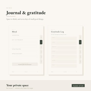 Peut inclure: Une mise en page de journal num&eacute;rique intitul&eacute;e Mind et Gratitude Log sur fond cr&egrave;me. La page Mind inclut des invites pour les affirmations et les sentiments. Le Gratitude Log pr&eacute;sente sept lignes d'entr&eacute;e quotidiennes. Onglets lat&eacute;raux.