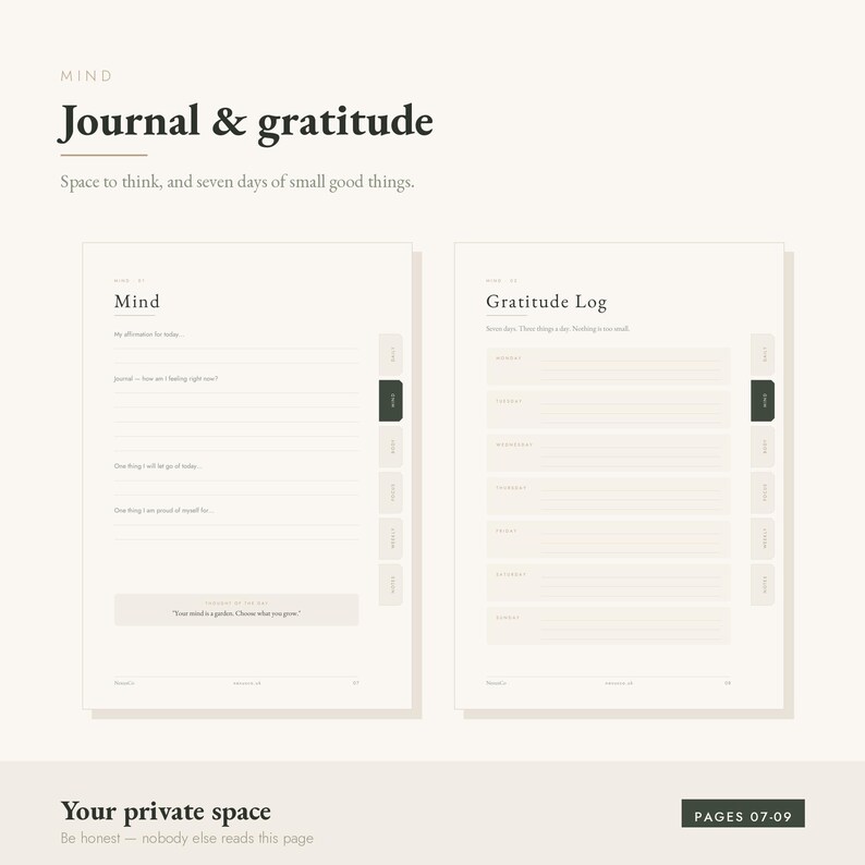 Peut inclure: Une mise en page de journal num&eacute;rique intitul&eacute;e Mind et Gratitude Log sur fond cr&egrave;me. La page Mind inclut des invites pour les affirmations et les sentiments. Le Gratitude Log pr&eacute;sente sept lignes d'entr&eacute;e quotidiennes. Onglets lat&eacute;raux.