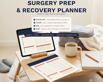Piano di preparazione e recupero post-operatorio stampabile / Lista di controllo pre-operatoria, monitoraggio dei sintomi e dei farmaci post-operatori / Domande al medico / Stampa + iPad