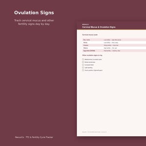 Op de afbeelding: Een digitale vruchtbaarheids-trackingpagina getiteld Ovulation Signs met een schaal voor baarmoederslijmvlies en een checklist voor andere ovulatietekenen. Het document heeft een donker kastanjebruine achtergrond met witte tekst.