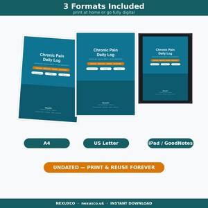 Pode incluir: Um modelo digital de registro di&aacute;rio de dor cr&ocirc;nica dispon&iacute;vel nos formatos A4, US Letter e iPad GoodNotes. O design apresenta um fundo azul-petr&oacute;leo com texto branco, bot&otilde;es laranja e o logotipo da NexusCo. Documento sem data imprim&iacute;vel.