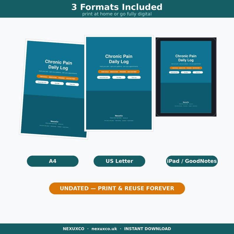 Pode incluir: Um modelo digital de registro di&aacute;rio de dor cr&ocirc;nica dispon&iacute;vel nos formatos A4, US Letter e iPad GoodNotes. O design apresenta um fundo azul-petr&oacute;leo com texto branco, bot&otilde;es laranja e o logotipo da NexusCo. Documento sem data imprim&iacute;vel.