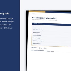 Puede incluir: Un formulario de informaci&oacute;n de emergencia blanco con detalles en azul oscuro y dorado. El documento incluye campos para nombre, fecha de nacimiento, grupo sangu&iacute;neo, condiciones m&eacute;dicas, medicamentos, alergias y contactos de emergencia.