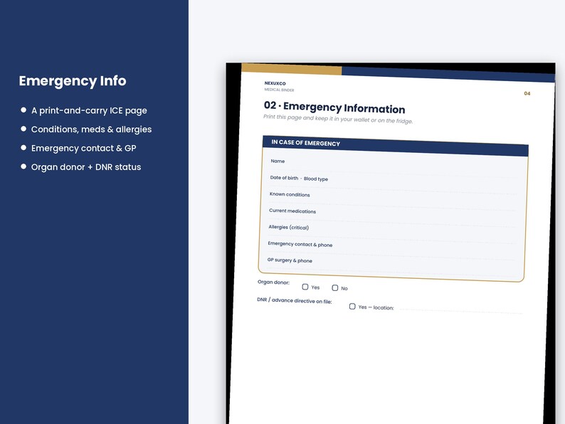 Puede incluir: Un formulario de informaci&oacute;n de emergencia blanco con detalles en azul oscuro y dorado. El documento incluye campos para nombre, fecha de nacimiento, grupo sangu&iacute;neo, condiciones m&eacute;dicas, medicamentos, alergias y contactos de emergencia.