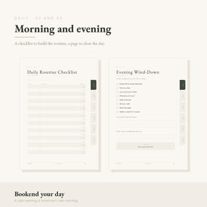 Peut inclure: Deux pages de planificateur sur fond blanc cass&eacute; avec du texte sombre. La page de gauche est intitul&eacute;e Daily Routine Checklist avec des lignes pour les t&acirc;ches. La page de droite est intitul&eacute;e Evening Wind-Down avec des cases &agrave; cocher et des lignes pour des notes, incluant le texte Rest is part of the work.