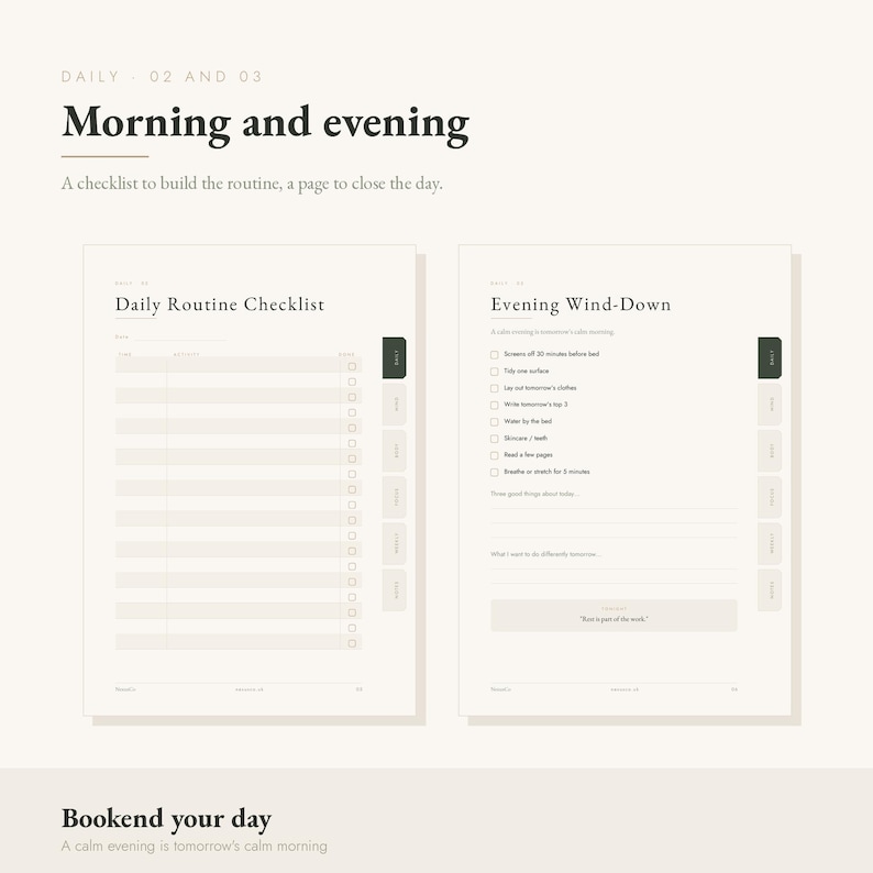 Peut inclure: Deux pages de planificateur sur fond blanc cass&eacute; avec du texte sombre. La page de gauche est intitul&eacute;e Daily Routine Checklist avec des lignes pour les t&acirc;ches. La page de droite est intitul&eacute;e Evening Wind-Down avec des cases &agrave; cocher et des lignes pour des notes, incluant le texte Rest is part of the work.